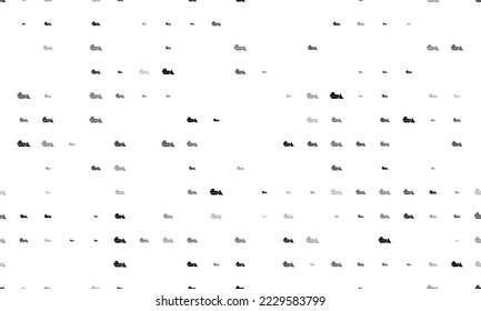 Seamless background pattern of evenly spaced black bulldozer symbols of different sizes and opacity. Vector illustration on white background