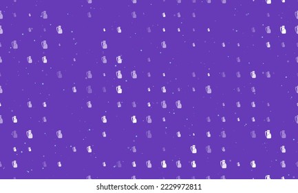 Seamless background pattern of evenly spaced white travel backpack symbols of different sizes and opacity. Vector illustration on deep purple background with stars