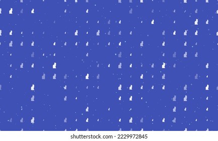 Seamless background pattern of evenly spaced white cat symbols of different sizes and opacity. Vector illustration on indigo background with stars