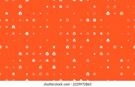 Seamless background pattern of evenly spaced white instant coffee symbols of different sizes and opacity. Vector illustration on deep orange background with stars