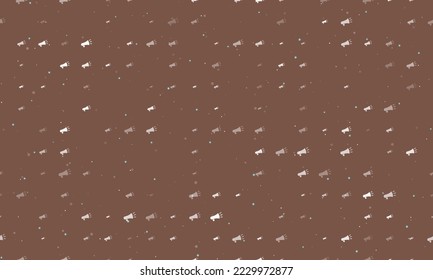 Seamless background pattern of evenly spaced white megaphone symbols of different sizes and opacity. Vector illustration on brown background with stars