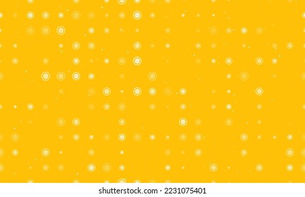 Seamless background pattern of evenly spaced white sushi roll symbols of different sizes and opacity. Vector illustration on amber background with stars