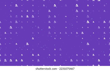Seamless background pattern of evenly spaced white yoga stretching pose symbols of different sizes and opacity. Vector illustration on deep purple background with stars