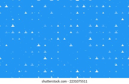 Seamless background pattern of evenly spaced white witch hat symbols of different sizes and opacity. Vector illustration on blue background with stars