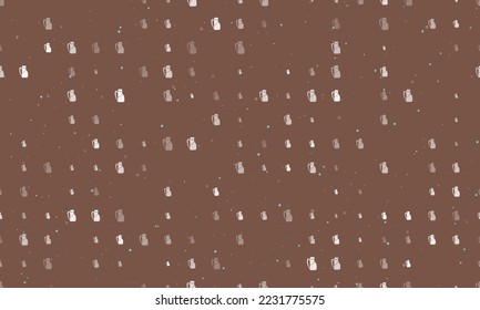 Seamless background pattern of evenly spaced white travel backpack symbols of different sizes and opacity. Vector illustration on brown background with stars