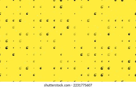 Seamless background pattern of evenly spaced black noodle symbols of different sizes and opacity. Vector illustration on yellow background with stars