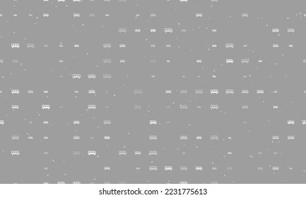 Seamless background pattern of evenly spaced white bus symbols of different sizes and opacity. Vector illustration on gray background with stars