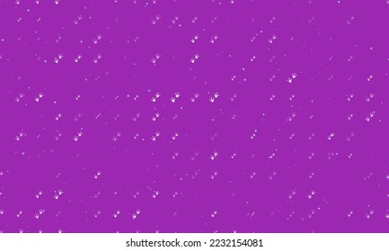 Seamless background pattern of evenly spaced white frog tracks symbols of different sizes and opacity. Vector illustration on purple background with stars