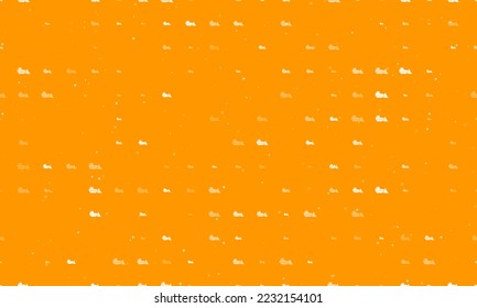 Seamless background pattern of evenly spaced white bulldozer symbols of different sizes and opacity. Vector illustration on orange background with stars