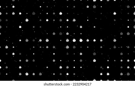 Seamless background pattern of evenly spaced white piggy bank symbols of different sizes and opacity. Vector illustration on black background with stars