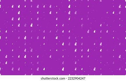 Seamless background pattern of evenly spaced white cat symbols of different sizes and opacity. Vector illustration on purple background with stars