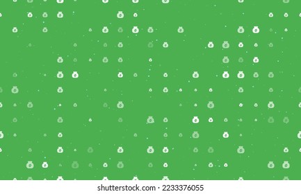 Seamless background pattern of evenly spaced white instant coffee symbols of different sizes and opacity. Vector illustration on green background with stars