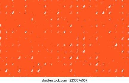 Seamless background pattern of evenly spaced white dog symbols of different sizes and opacity. Vector illustration on deep orange background with stars