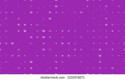 Seamless background pattern of evenly spaced white Korean won signs of different sizes and opacity. Vector illustration on purple background with stars