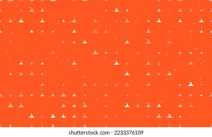 Seamless background pattern of evenly spaced white witch hat symbols of different sizes and opacity. Vector illustration on deep orange background with stars