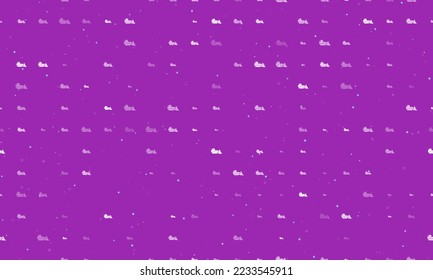 Seamless background pattern of evenly spaced white bulldozer symbols of different sizes and opacity. Vector illustration on purple background with stars
