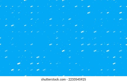 Seamless background pattern of evenly spaced white megaphone symbols of different sizes and opacity. Vector illustration on light blue background with stars