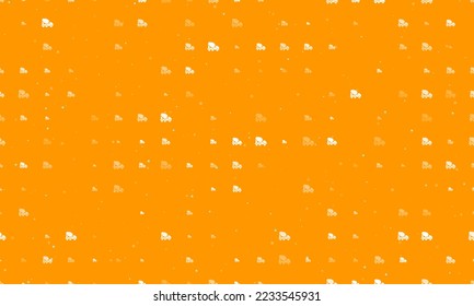 Seamless background pattern of evenly spaced white concrete mixer truck symbols of different sizes and opacity. Vector illustration on orange background with stars