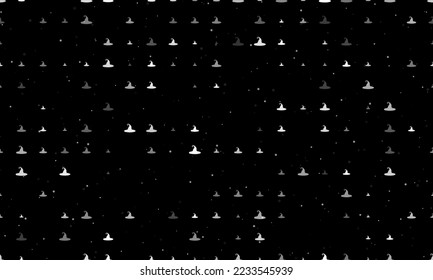 Seamless background pattern of evenly spaced white witch hat symbols of different sizes and opacity. Vector illustration on black background with stars