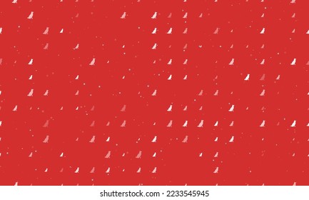 Seamless background pattern of evenly spaced white dog symbols of different sizes and opacity. Vector illustration on red background with stars