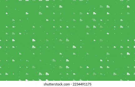 Seamless background pattern of evenly spaced white concrete mixer truck symbols of different sizes and opacity. Vector illustration on green background with stars