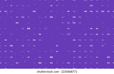 Seamless background pattern of evenly spaced white bus symbols of different sizes and opacity. Vector illustration on deep purple background with stars