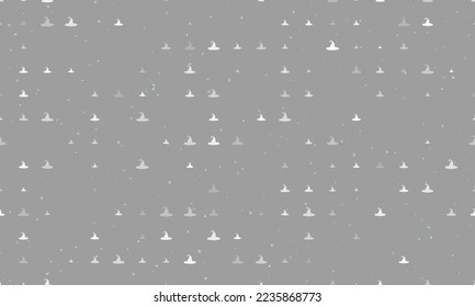 Seamless background pattern of evenly spaced white witch hat symbols of different sizes and opacity. Vector illustration on gray background with stars
