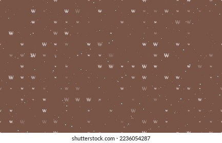 Seamless background pattern of evenly spaced white Korean won signs of different sizes and opacity. Vector illustration on brown background with stars