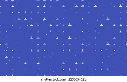 Seamless background pattern of evenly spaced white witch hat symbols of different sizes and opacity. Vector illustration on indigo background with stars