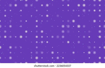 Seamless background pattern of evenly spaced white sushi roll symbols of different sizes and opacity. Vector illustration on deep purple background with stars