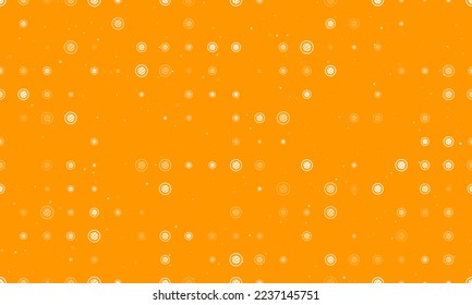 Seamless background pattern of evenly spaced white sushi roll symbols of different sizes and opacity. Vector illustration on orange background with stars