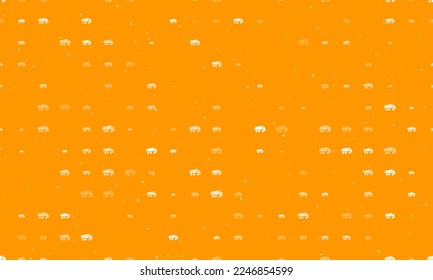 Seamless background pattern of evenly spaced white truck symbols of different sizes and opacity. Vector illustration on orange background with stars