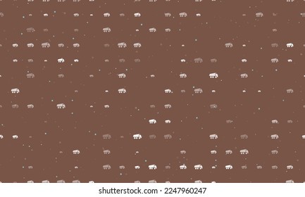 Seamless background pattern of evenly spaced white truck symbols of different sizes and opacity. Vector illustration on brown background with stars