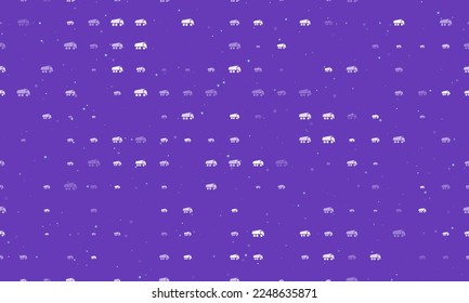 Seamless background pattern of evenly spaced white truck symbols of different sizes and opacity. Vector illustration on deep purple background with stars