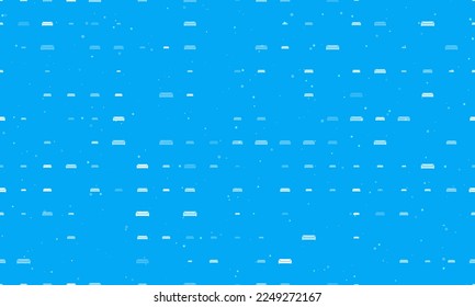 Seamless background pattern of evenly spaced white sofa symbols of different sizes and opacity. Vector illustration on light blue background with stars
