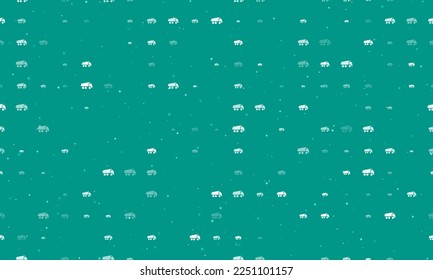 Seamless background pattern of evenly spaced white truck symbols of different sizes and opacity. Vector illustration on teal background with stars