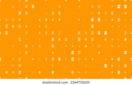 Seamless background pattern of evenly spaced white ace of heart cards of different sizes and opacity. Vector illustration on orange background with stars