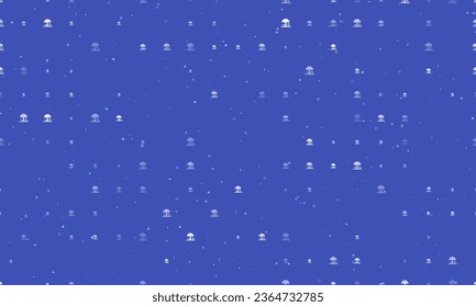 Seamless background pattern of evenly spaced white mushrooms symbols of different sizes and opacity. Vector illustration on indigo background with stars