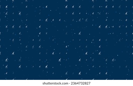 Seamless background pattern of evenly spaced white wild giraffe symbols of different sizes and opacity. Vector illustration on dark blue background with stars