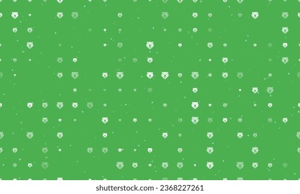 Seamless background pattern of evenly spaced white bear head symbols of different sizes and opacity. Vector illustration on green background with stars