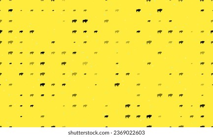 Seamless background pattern of evenly spaced black buffalo symbols of different sizes and opacity. Vector illustration on yellow background with stars
