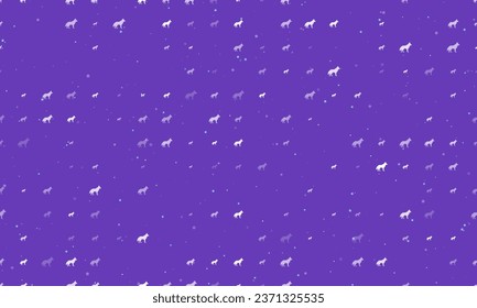 Seamless background pattern of evenly spaced white wolf symbols of different sizes and opacity. Vector illustration on deep purple background with stars