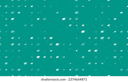 Seamless background pattern of evenly spaced white bear icons of different sizes and opacity. Vector illustration on teal background with stars