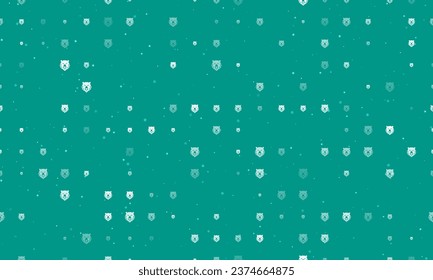 Seamless background pattern of evenly spaced white bear head icons of different sizes and opacity. Vector illustration on teal background with stars