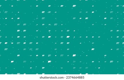 Seamless background pattern of evenly spaced white bear symbols of different sizes and opacity. Vector illustration on teal background with stars