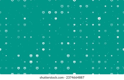 Seamless background pattern of evenly spaced white bear head symbols of different sizes and opacity. Vector illustration on teal background with stars