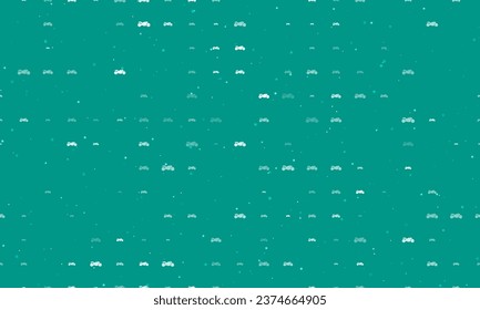 Seamless background pattern of evenly spaced white bike symbols of different sizes and opacity. Vector illustration on teal background with stars