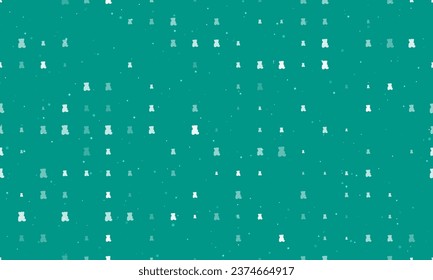 Seamless background pattern of evenly spaced white teddy bear symbols of different sizes and opacity. Vector illustration on teal background with stars