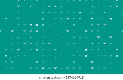 Seamless background pattern of evenly spaced white butterfly symbols of different sizes and opacity. Vector illustration on teal background with stars