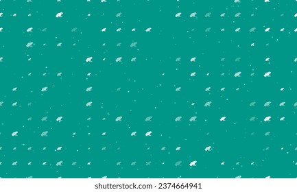 Seamless background pattern of evenly spaced white frog symbols of different sizes and opacity. Vector illustration on teal background with stars